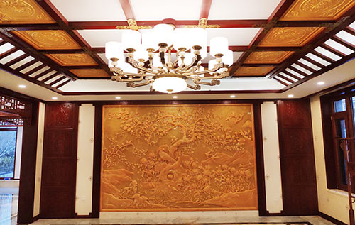 浦江中式别墅客厅中式木作横梁吊顶装饰展示