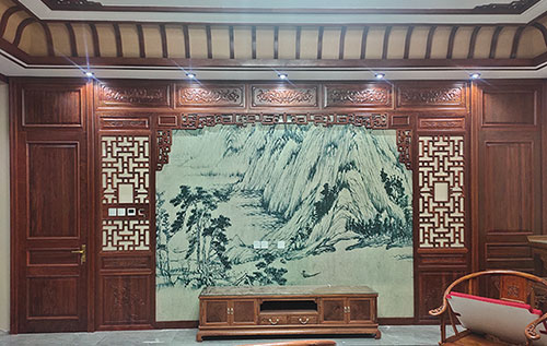 浦江中式仿古别墅客厅背景墙花格木作装饰